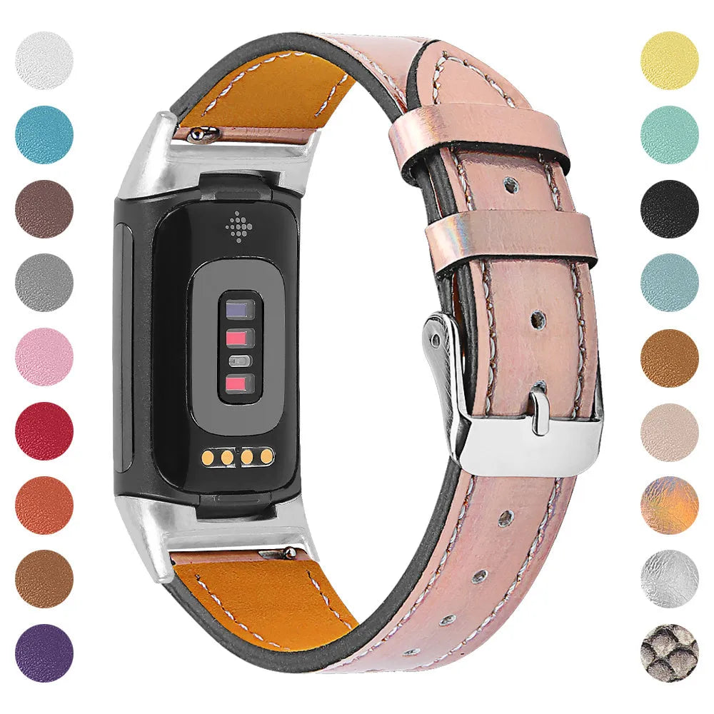 Genuine brown cowhide leather replacement strap for Fitbit Charge 5 and Charge 6 smart watches on a wrist.