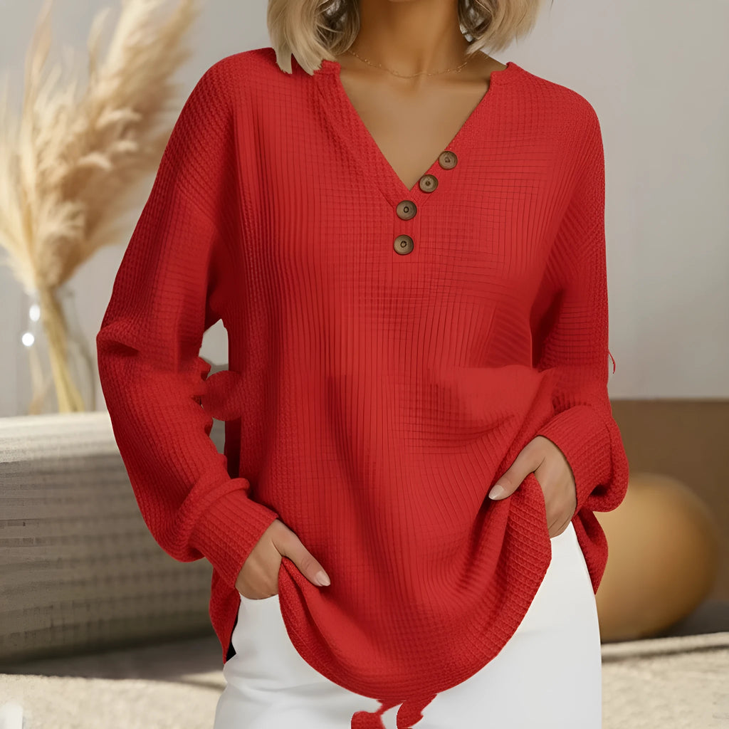 Casual loose fit waffle long sleeve V-neck women's top with button detail, available in black, red, white, and navy