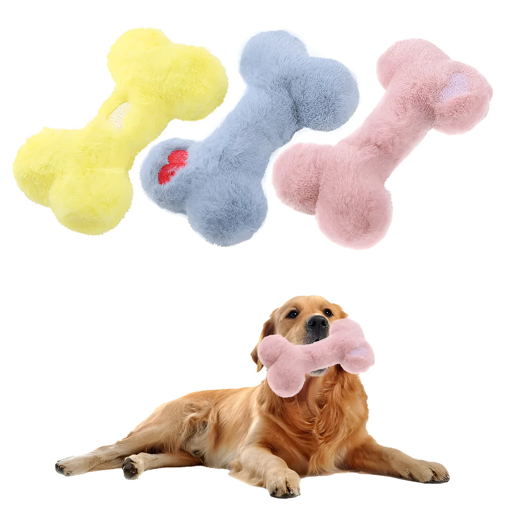 Blue bone-shaped plush dog toy with squeaker for interactive play and chewing.