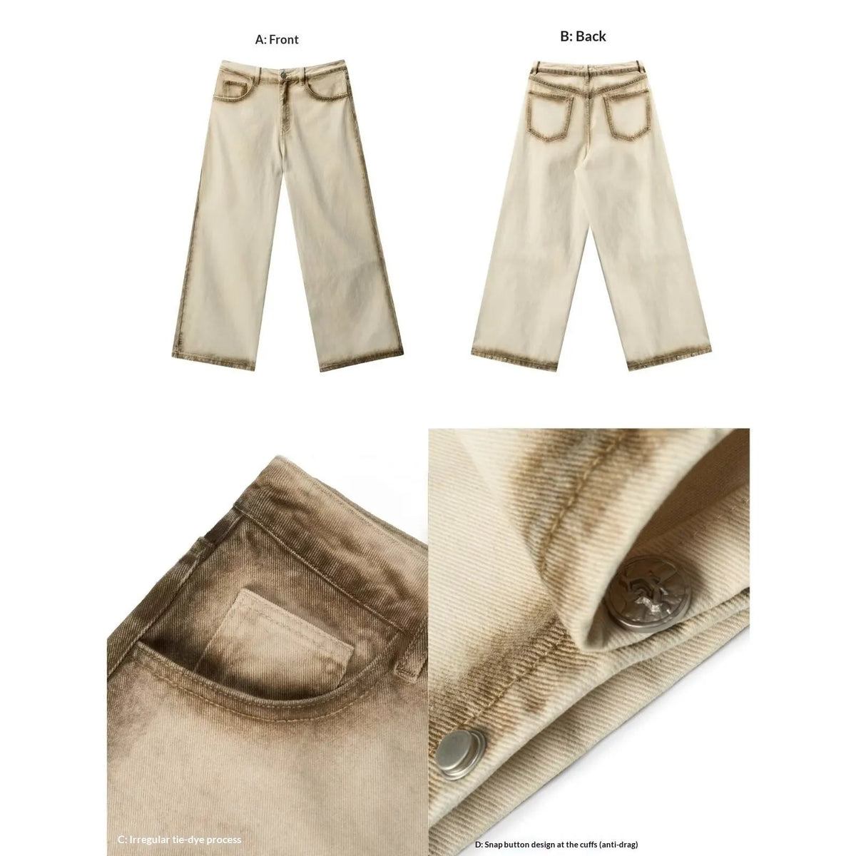 Loose straight retro floor-length cotton pants in beige with mid-rise waist