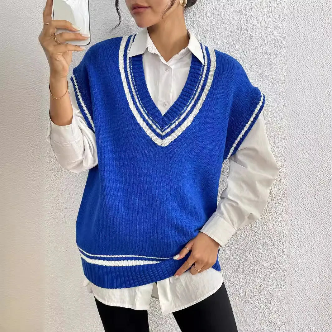 Women's college style acrylic blend sweater vest in loose pullover design
