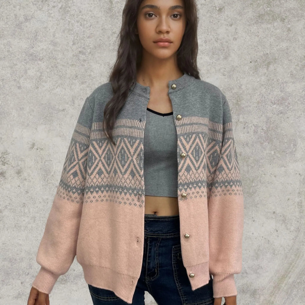 Women's alpaca wool diamond knit cardigan with long sleeves and contrast colour detailing