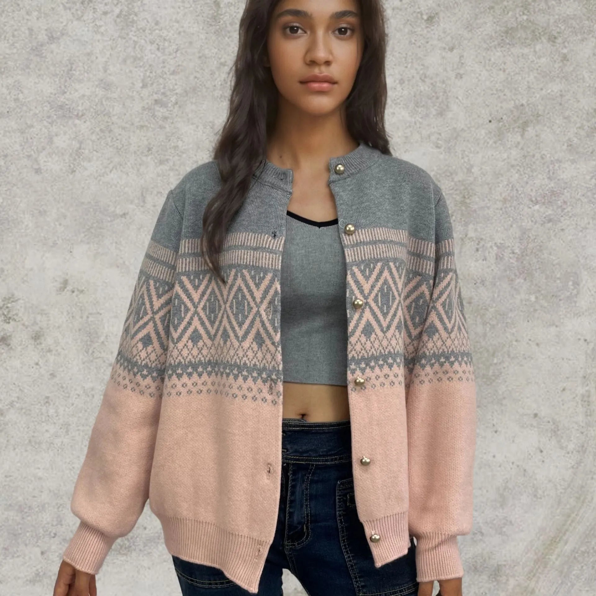Women's alpaca wool diamond knit cardigan with long sleeves and contrast colour detailing