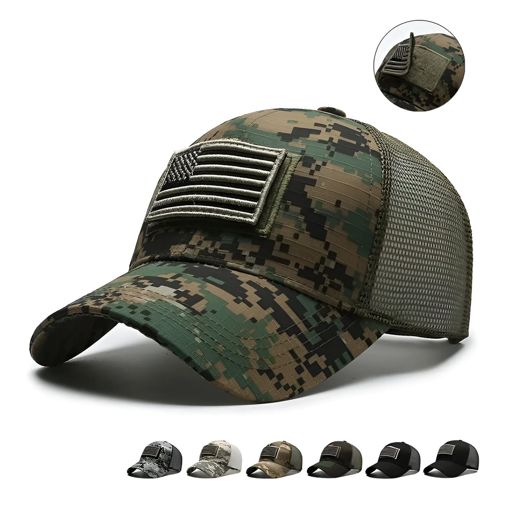 Tactical camouflage baseball cap with adjustable Velcro strap and dome crown in cotton fabric