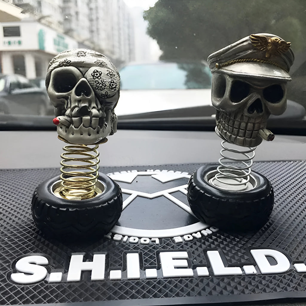 Resin car skull bobblehead ornament with military cap or sunflower headband, swinging car interior decoration