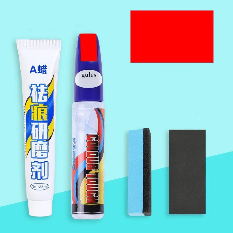 Automotive paint repair pen kit with scratch removal fluid and touch-up paint in universal colours