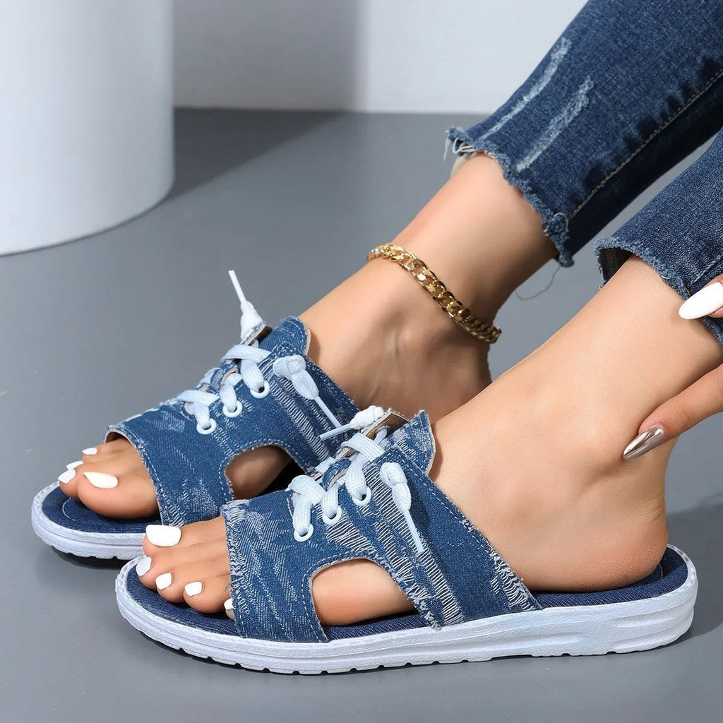 Blue Roman style flat canvas slippers for women with a cloth upper and rubber sole