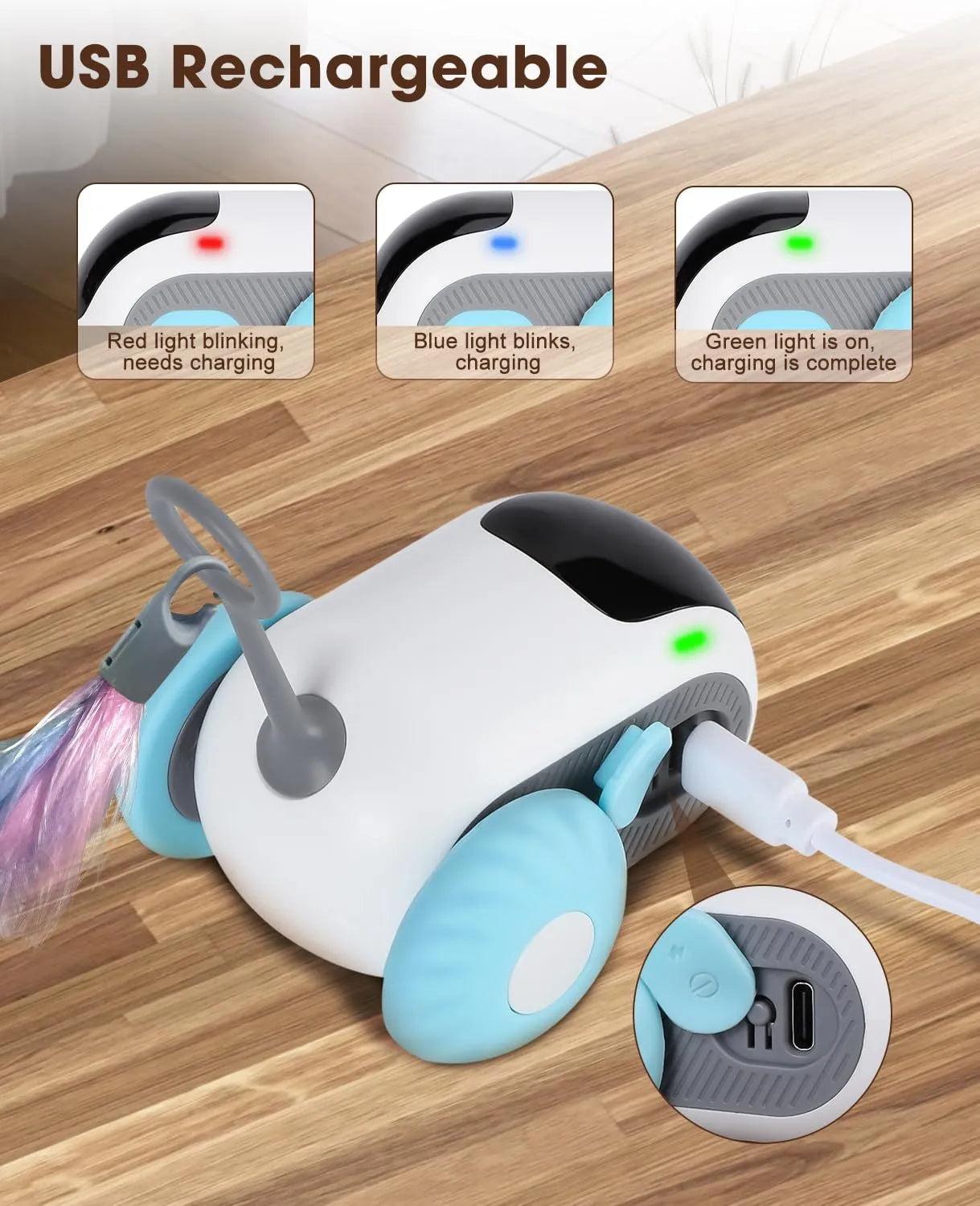 Blue and orange remote-controlled smart cat toy with feather teaser attachment and USB charging