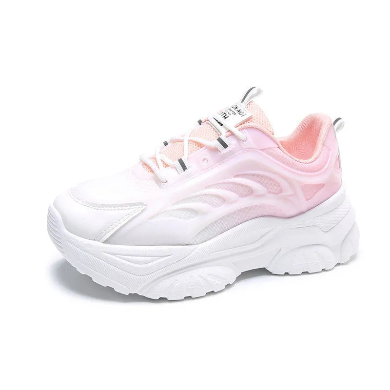 Women's satin sports casual lace-up shoes in pink, also available in blue and purple.