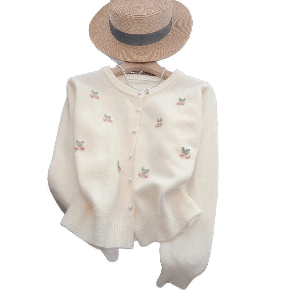 Women's slim fit beaded cardigan coat in cashmere blend, shown in blue, pink, red, and white colour options.