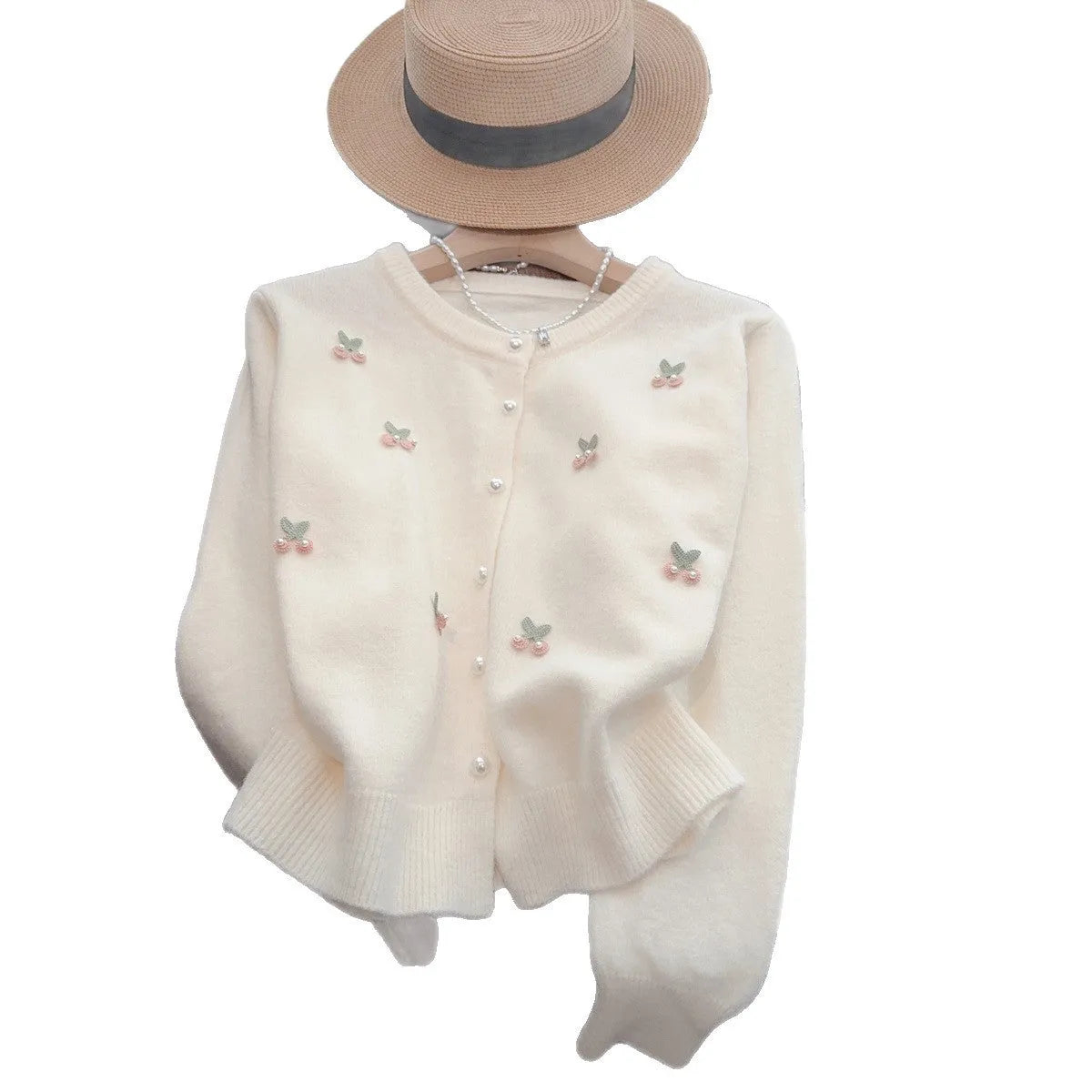 Women's slim fit beaded cardigan coat in cashmere blend, shown in blue, pink, red, and white colour options.