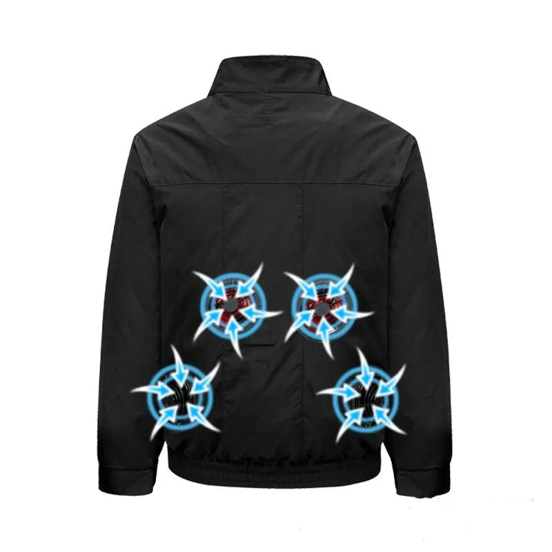 Men's black summer work jacket with ventilation holes and cooling fan system