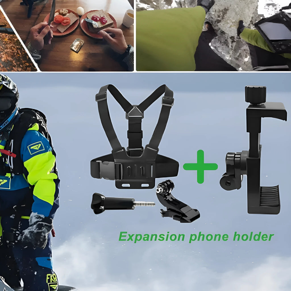 Black 9-in-1 PC chest strap and headband mounting kit for sports cameras and smartphones for hands-free first person recording