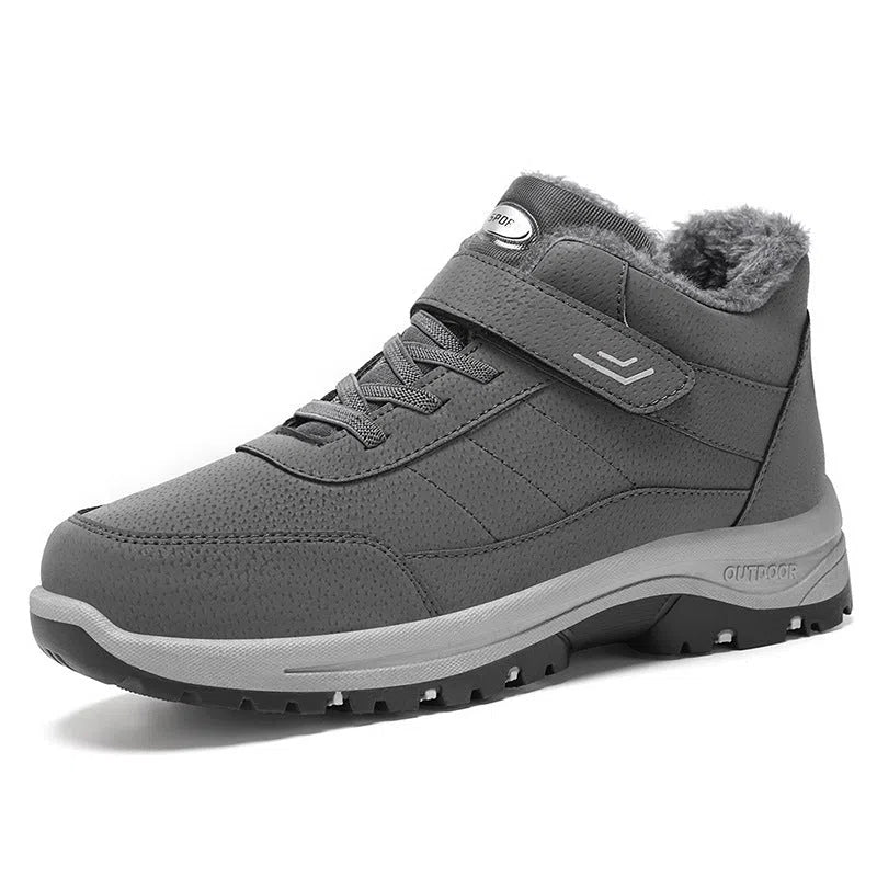 High-top outdoor snow boots with thick PVC sole, artificial PU upper, and stitching details, available in multiple colours