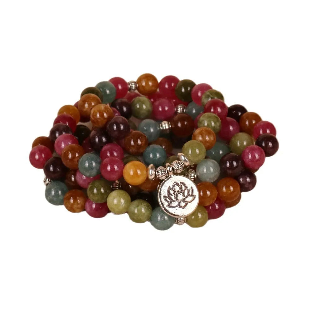 108 bead alloy bracelet in tourmaline colour with multi-layer lotus string design