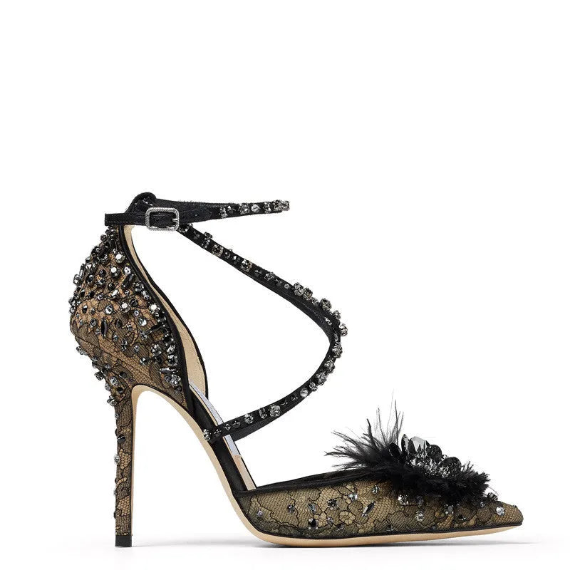 Nude lace rhinestone floral pointed-toe pump with super high heel over 8cm and one-word buckle.