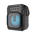 Blue portable Bluetooth speaker with FM radio function showing compact dimensions