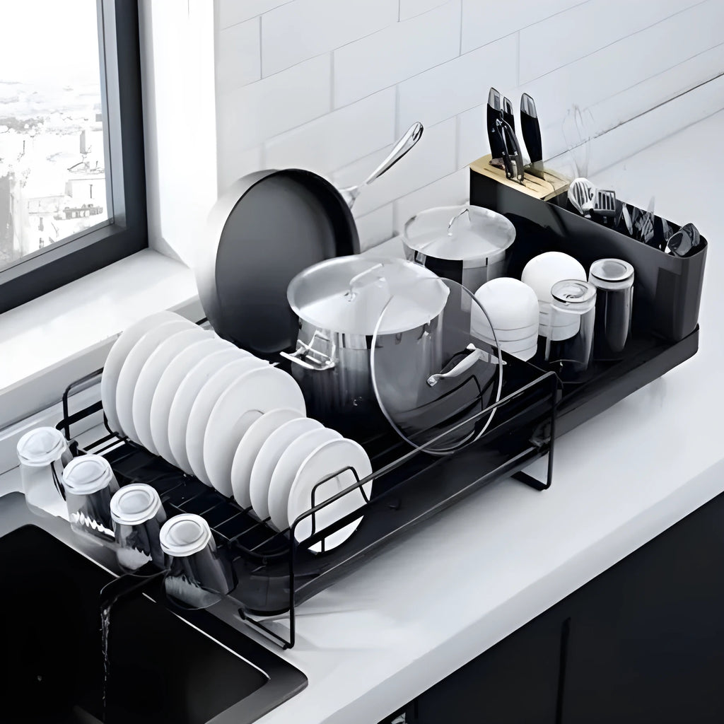 Foldable kitchen dish drain rack with retractable cutlery holder in carbon steel