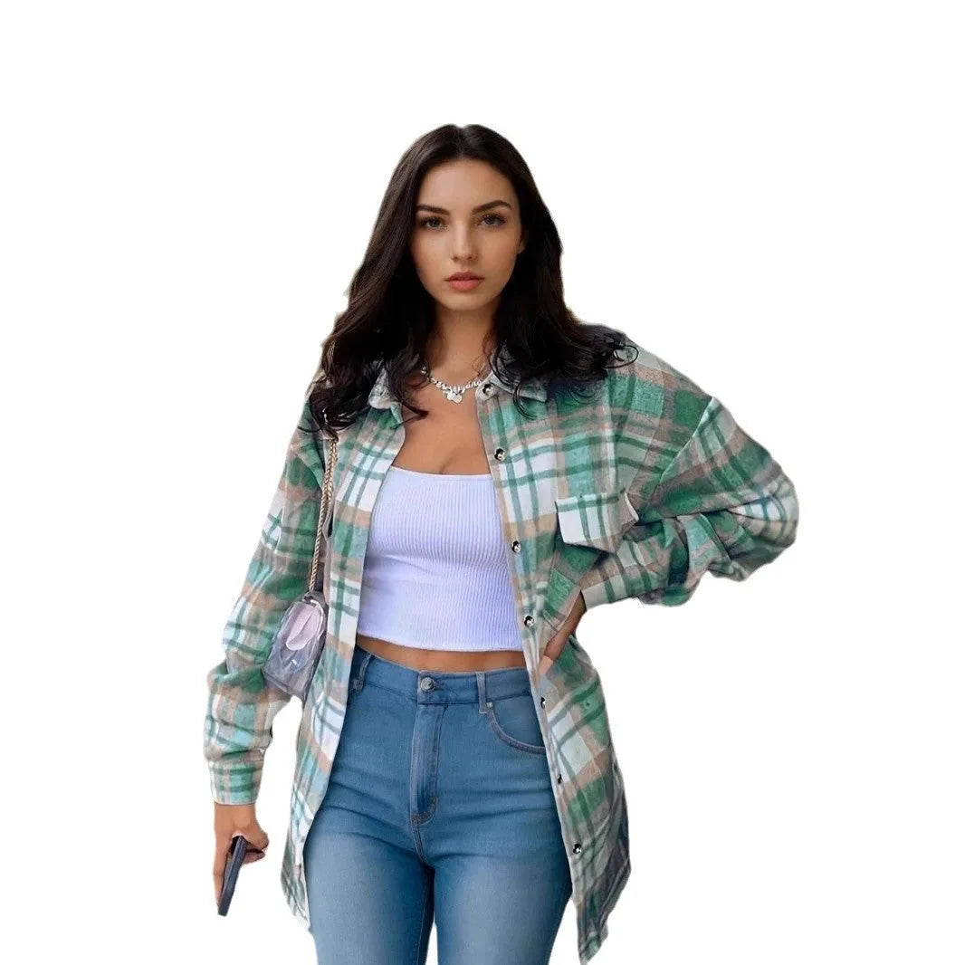 Women's lapel plaid long sleeve shirt jacket in blue with pockets, casual cardigan coat