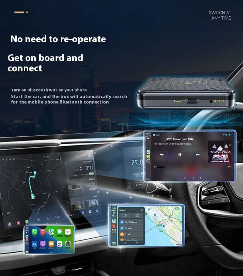 USB wireless CarPlay and Android Auto adapter box in gold and white colours
