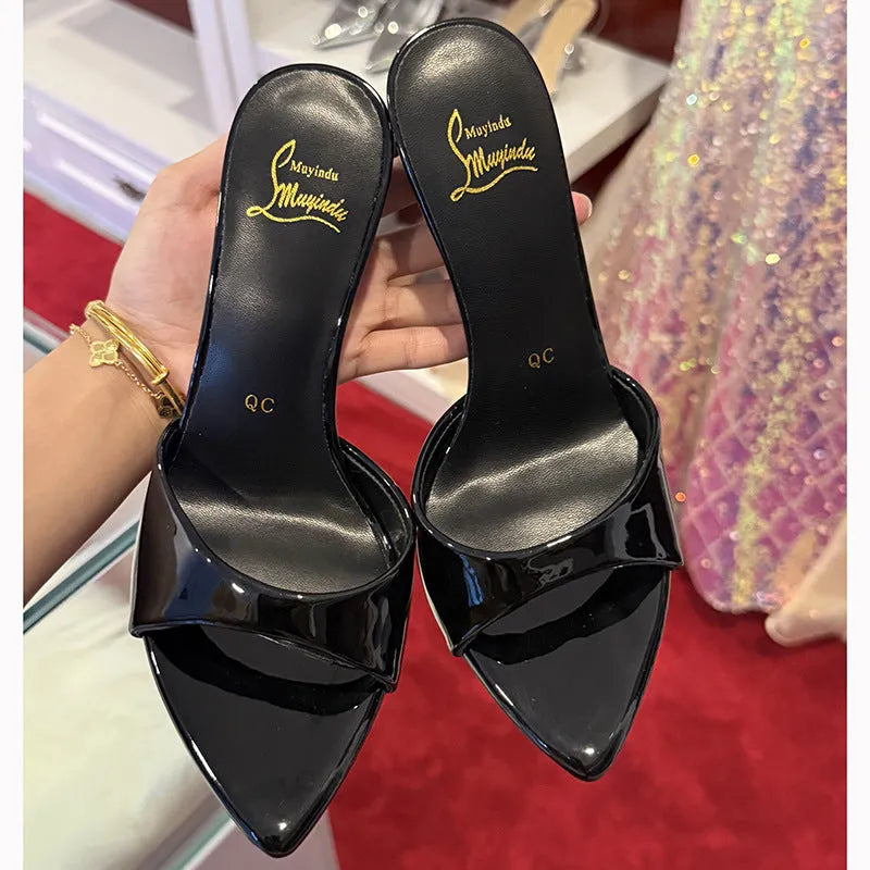 Women's black pointed toe stiletto sandals with ankle strap and 8cm heel