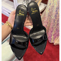 Women's black pointed toe stiletto sandals with ankle strap and 8cm heel
