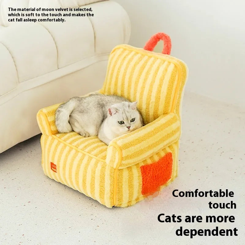 Striped soft velvet pet bed for dogs in yellow, orange or purple colours with removable cover