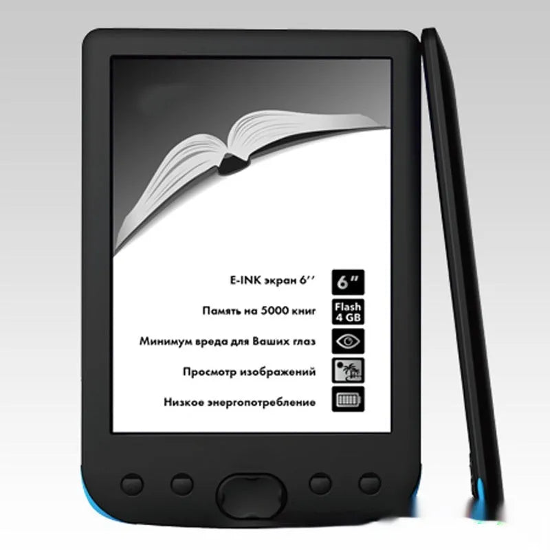 Black 6-inch E-ink e-book reader showing a page of text on its paper-like screen.
