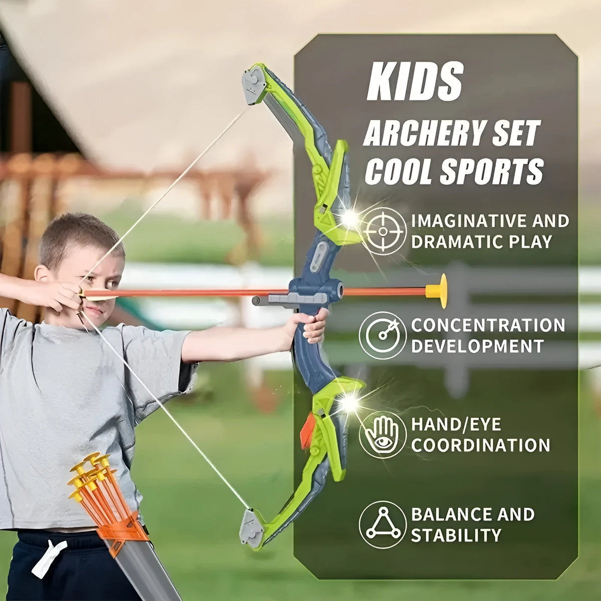 Children's bow and arrow set with detachable bow, target tube and light-up arrows in green or pink, ABS outdoor toy for ages 7-14