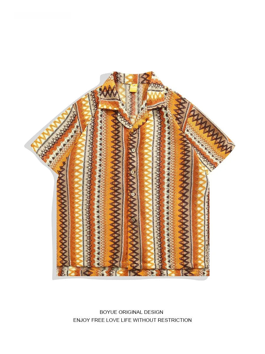 Ethnic style Cuban collar shirt with contrast colour detailing and drop-shoulder sleeves
