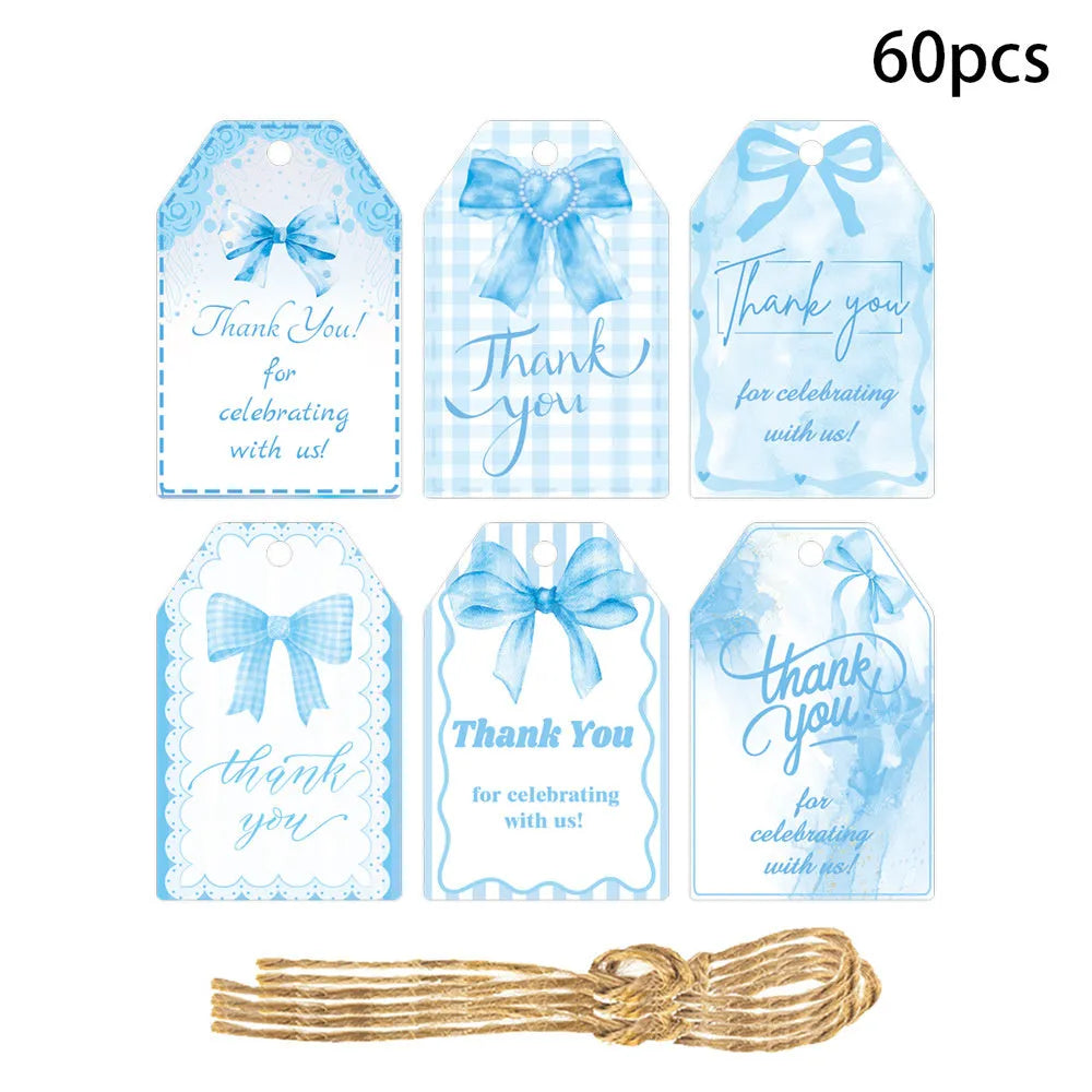 Set of 60 birthday party gift label tags with hemp rope in three bowknot design styles.