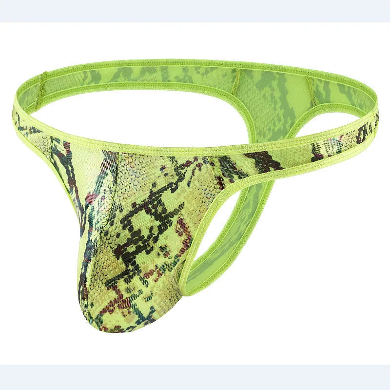Men's camouflage snake print thong underwear in green, shown flat.