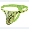Men's camouflage snake print thong underwear in green, shown flat.