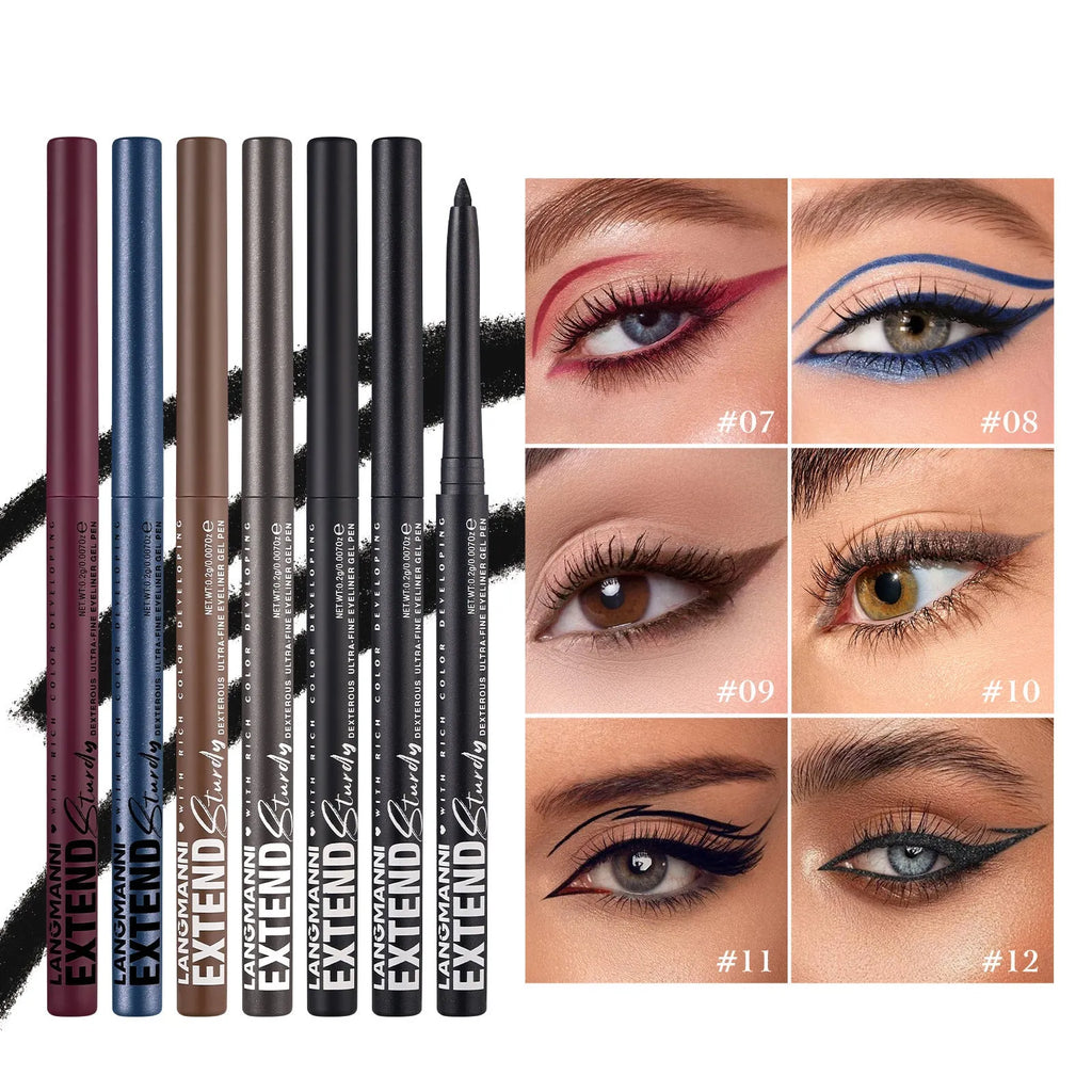 12 colourful gel glitter eyeliner pencils in waterproof formula with matte, glitter, metallic and pearl finishes