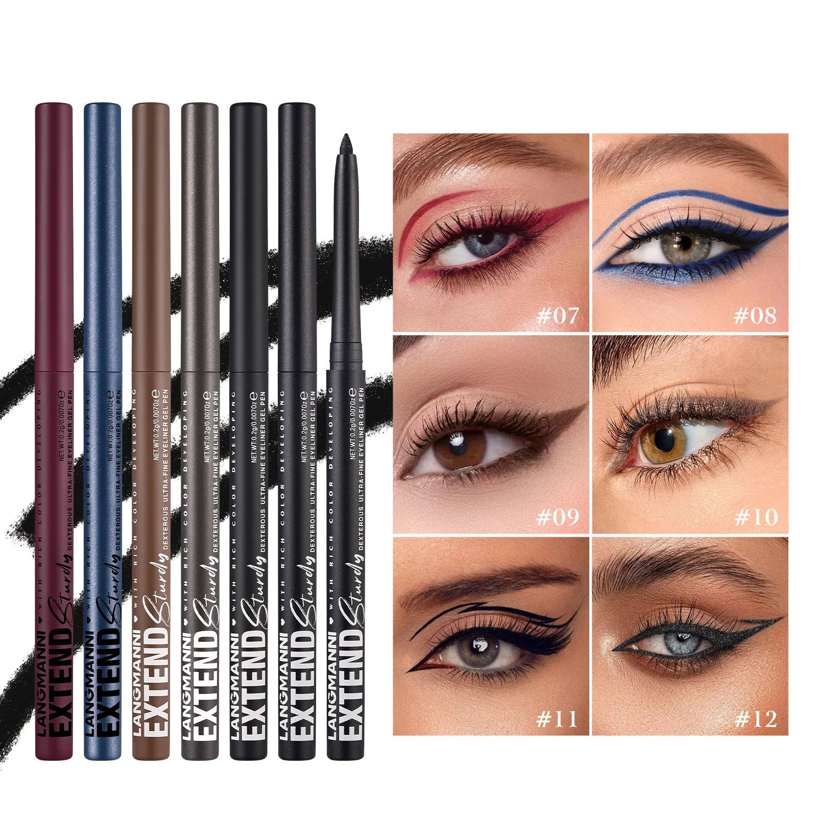 12 colourful gel glitter eyeliner pencils in waterproof formula with matte, glitter, metallic and pearl finishes