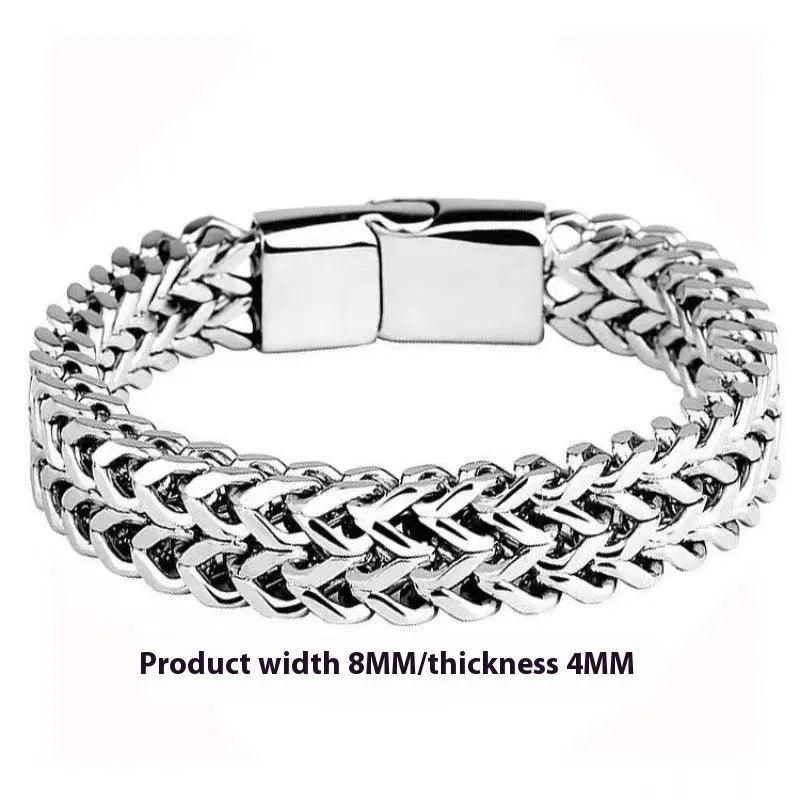 Silver geometric stainless steel bracelet with front and back hip hop design details