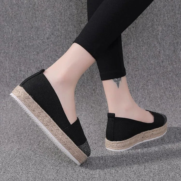 Women's plus size breathable canvas flat shoes in black, milky white and beige colours