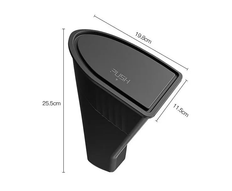Two black ABS plastic car door trash cans designed for Tesla Model Y front door storage.