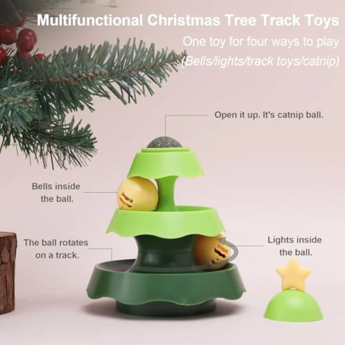 Green tree-shaped cat track toy with two levels and moving balls for indoor cats