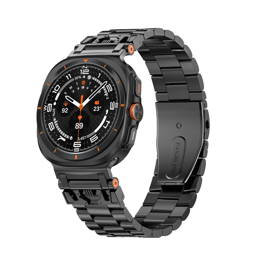 Three steel band armor metal watch strap for Samsung in Black, Silver, and Starlight colours