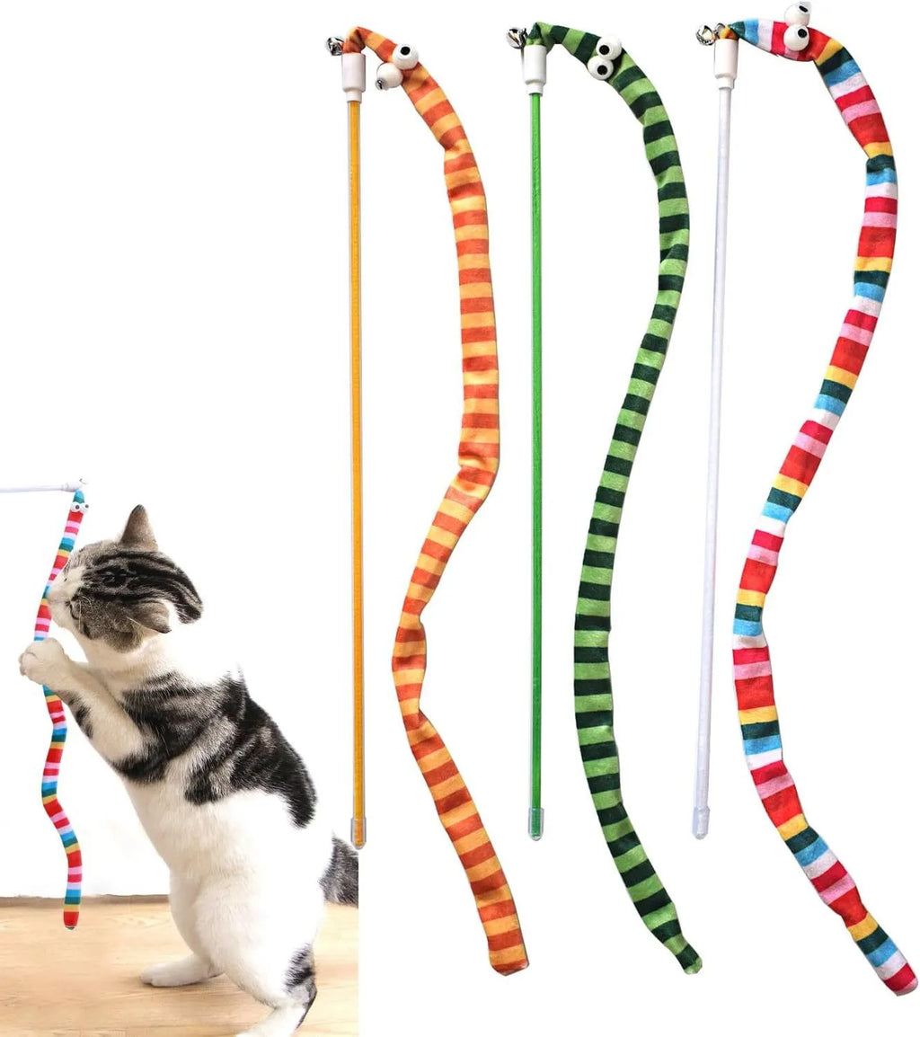 Cat wand toy with a polycarbonate pole and a long colourful plush strip with a bell, held in a person's hand.