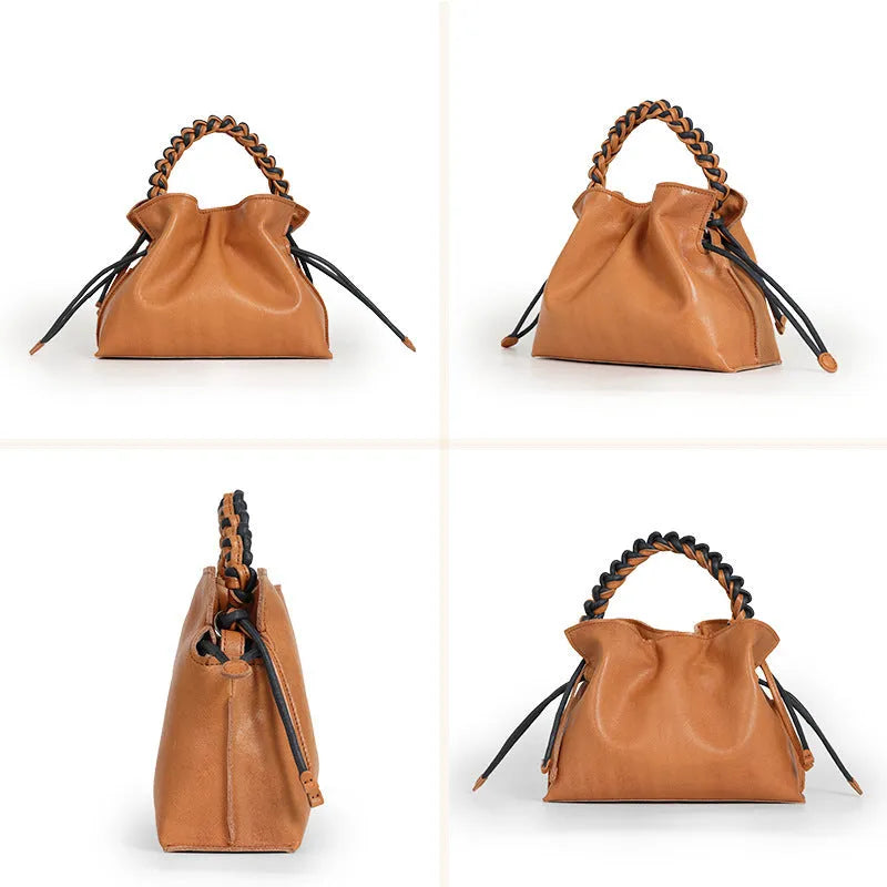 Women's cortex splicing woven leather crossbody bag in orange colour with top grain leather finish and zipper closure