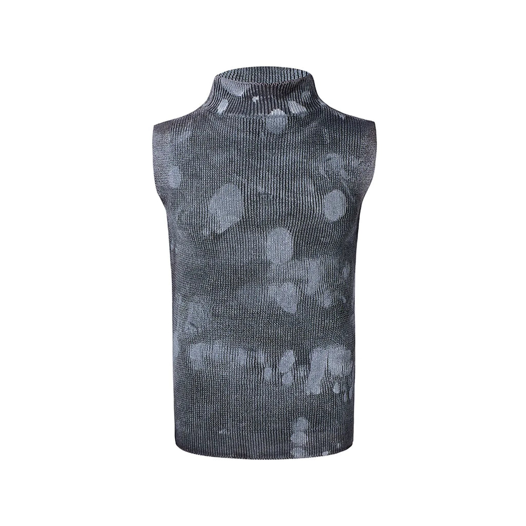 Men's black and silver pastebrushing wool sleeveless vest with a stand turtleneck collar.