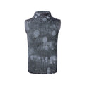 Men's black and silver pastebrushing wool sleeveless vest with a stand turtleneck collar.