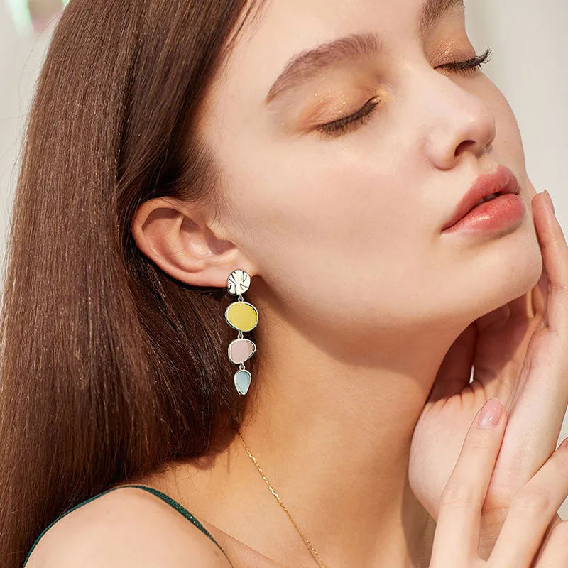 Morandi three-colour oil drip wafer earrings with sterling silver posts on alloy disc