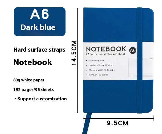 A5 office diary with hand skin feeling PU leather cover and strap closure, open to show horizontal line pages.