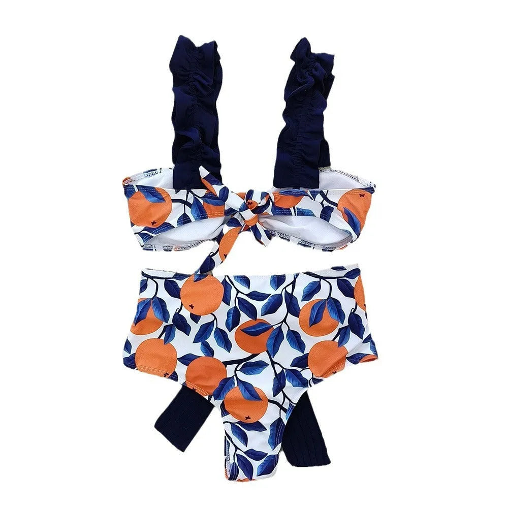 Women's blue leaf orange printed high waist bikini swimsuit on hanger