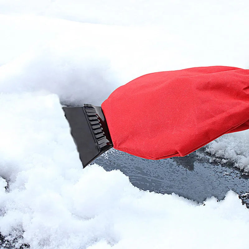 Red and blue car snow plough shovel with ice scraper edge and wide blade