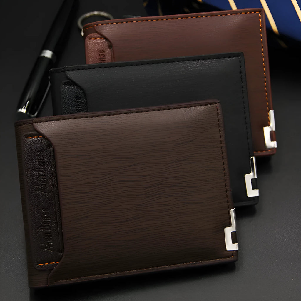 Men's casual short wallet in PU with iron-edge card-picking design, shown in black, dark coffee, and light coffee.