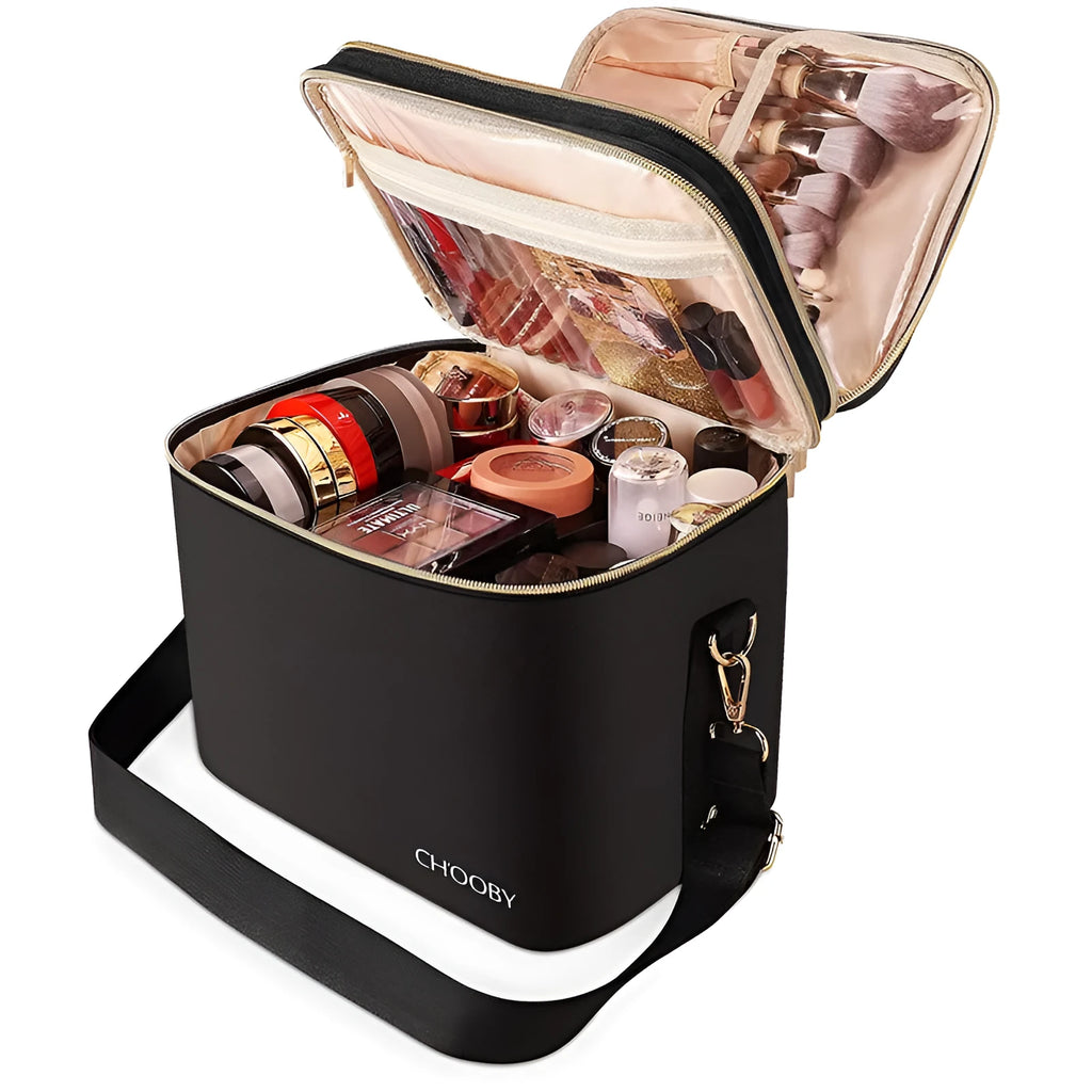 Black double-layer polyester cosmetic storage bag, 27x20x21cm, with soft handle and zip pockets.